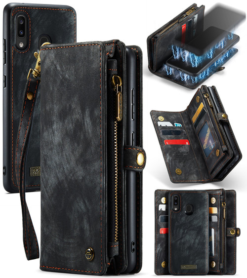 CaseMe 008 Detachable Multifunctional Retro Frosted Horizontal Flip Leather Case Galaxy A20 / M10S, with Card Slot & Holder & Zipper Wallet & Photo Frame - Black